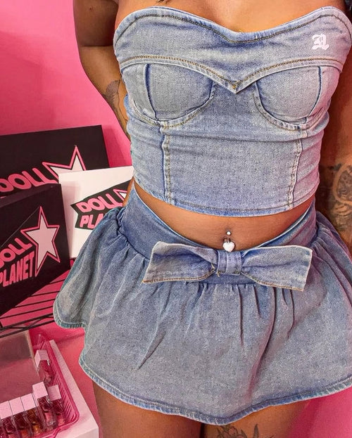 Blue Denim Matching Skirt Set